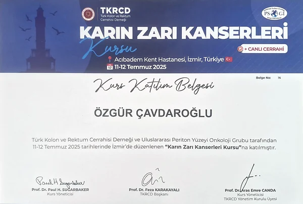 Kolon ve rektum cerrahisi kursu katılım belgesi